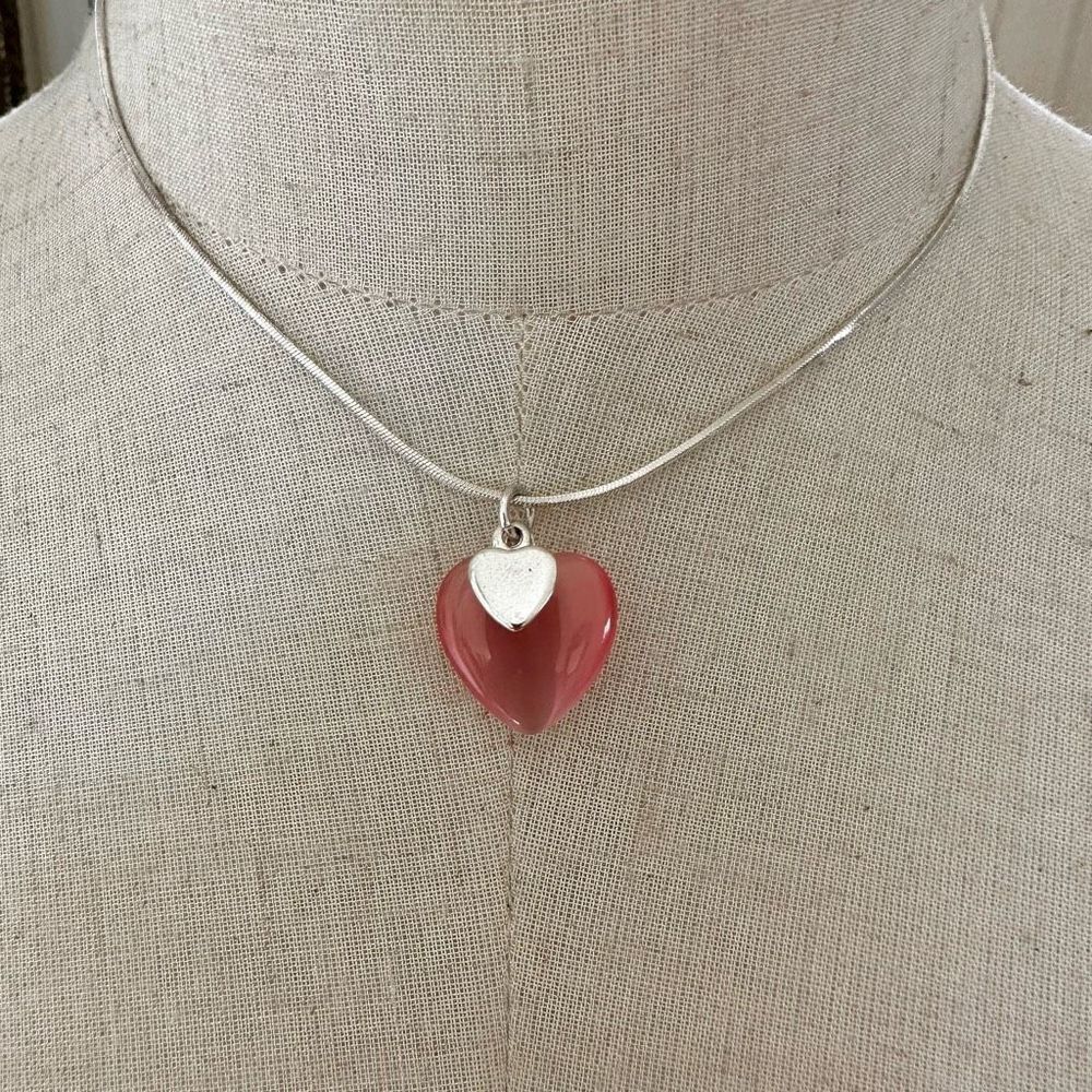 Pink and silver tone heart pendant necklace